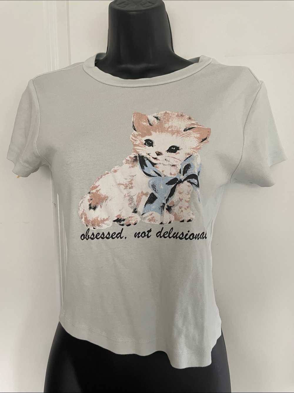 Full Tilt Light Blue Cat Graphic Tee “Obsessed not Delusional”